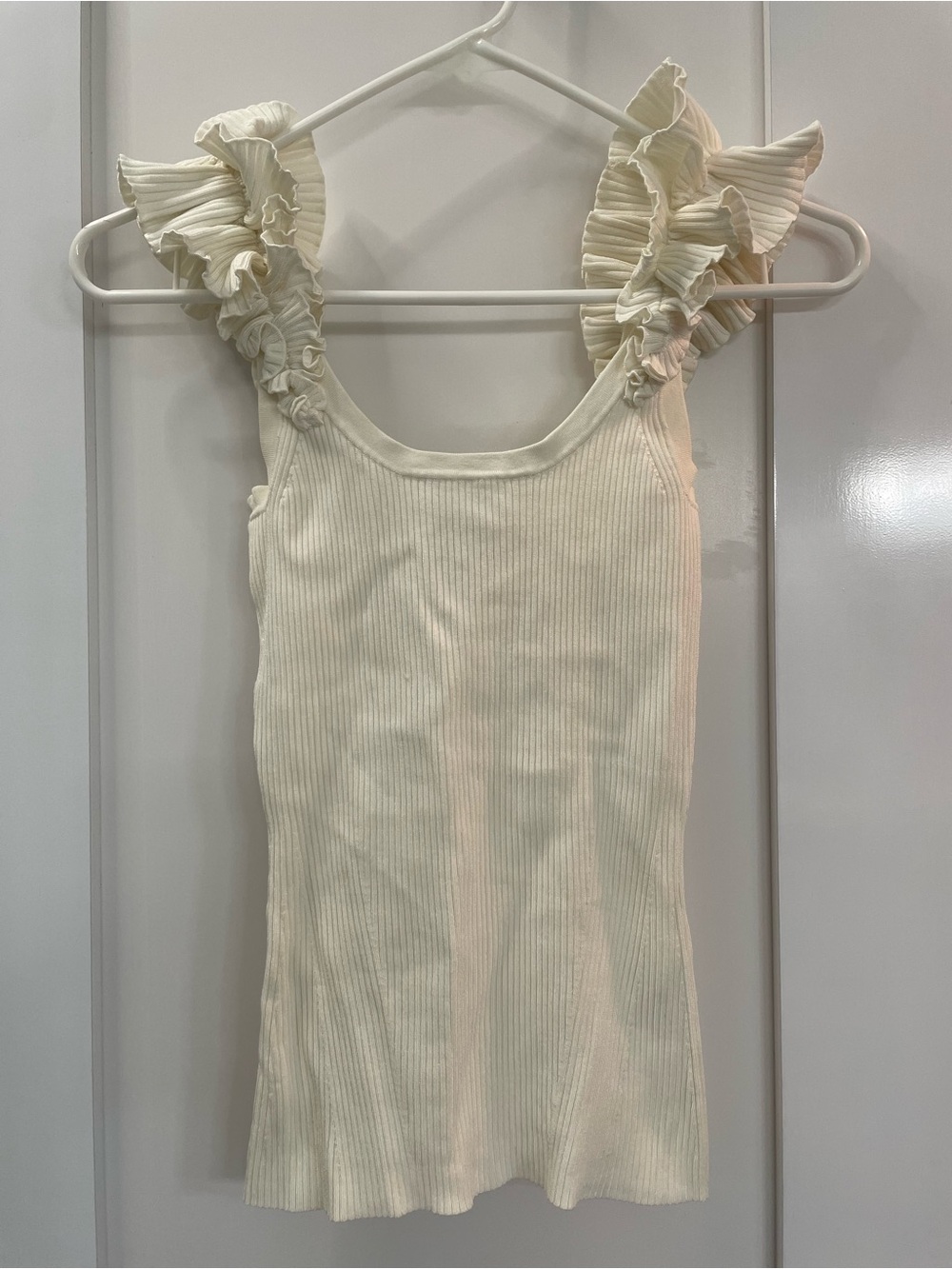 Zimmermann Cream Ribbed Tank with Delicate Ruffled Straps